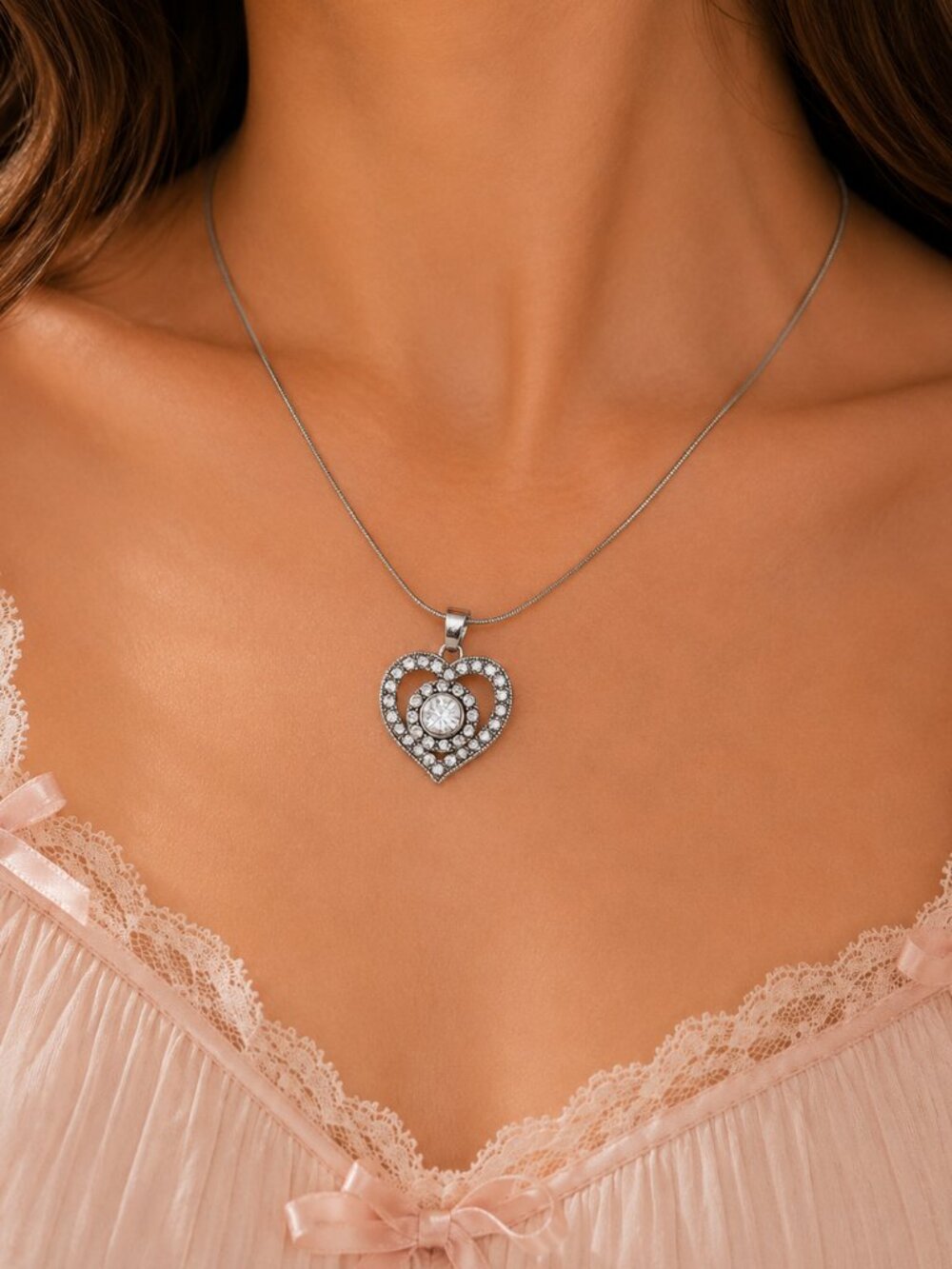 Mini Snap Rhinestone Heart Necklace Sterling Silver Chain 2 Crystal Snaps